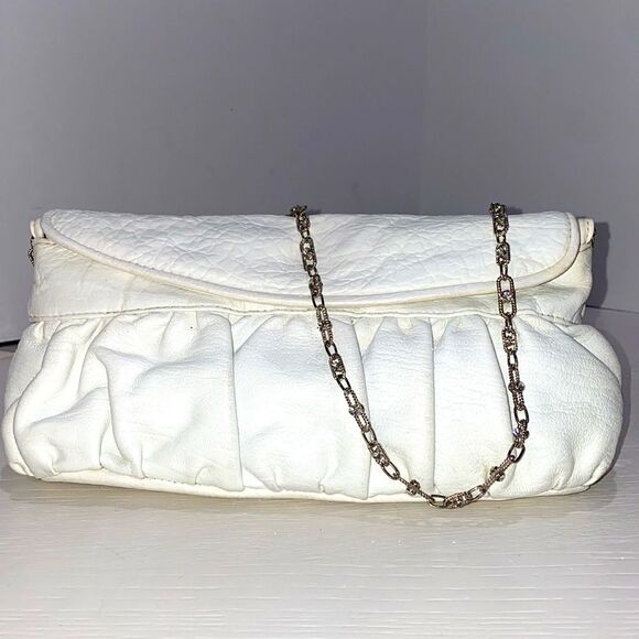 Kate Landy Runched White Leather Clutch Shoulder Bag Purse - Picture 1 of 15